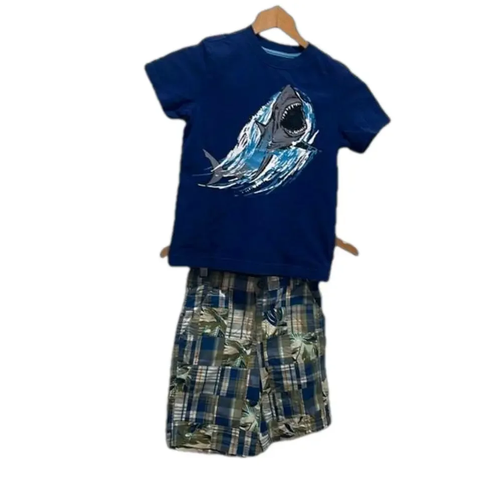 Gymboree blue shark top & green shorts boys set size 6 GUC..